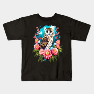 A Cute Short Eared Owl Surrounded by Bold Vibrant Spring Flowers Kids T-Shirt